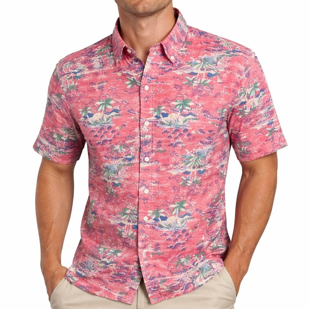 Izod Saltwater Hawaiian Shirt XL Reverse Print Islands Fish Palm Trees Pink